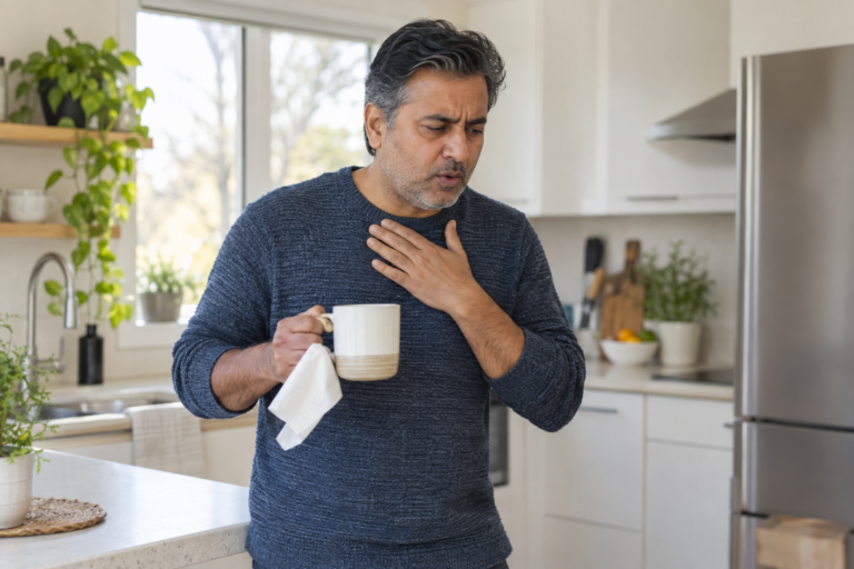 Middle-aged man holding a warm drink and tissue while managing a cough at home.