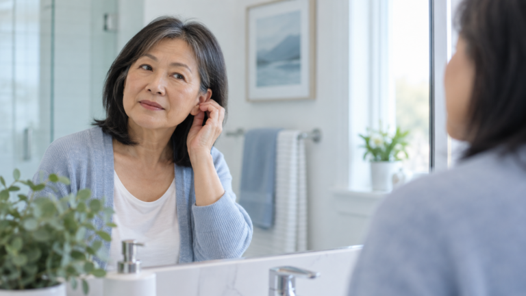 Adult woman gently touching the outside of her ear while looking in a bathroom mirror